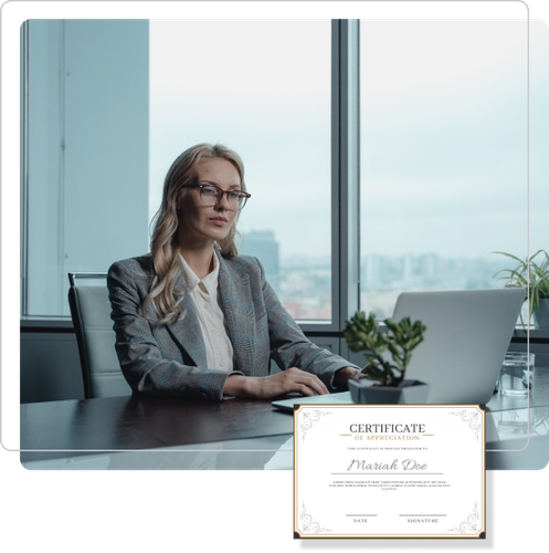 A woman is sitting at a desk with a laptop and a certificate.