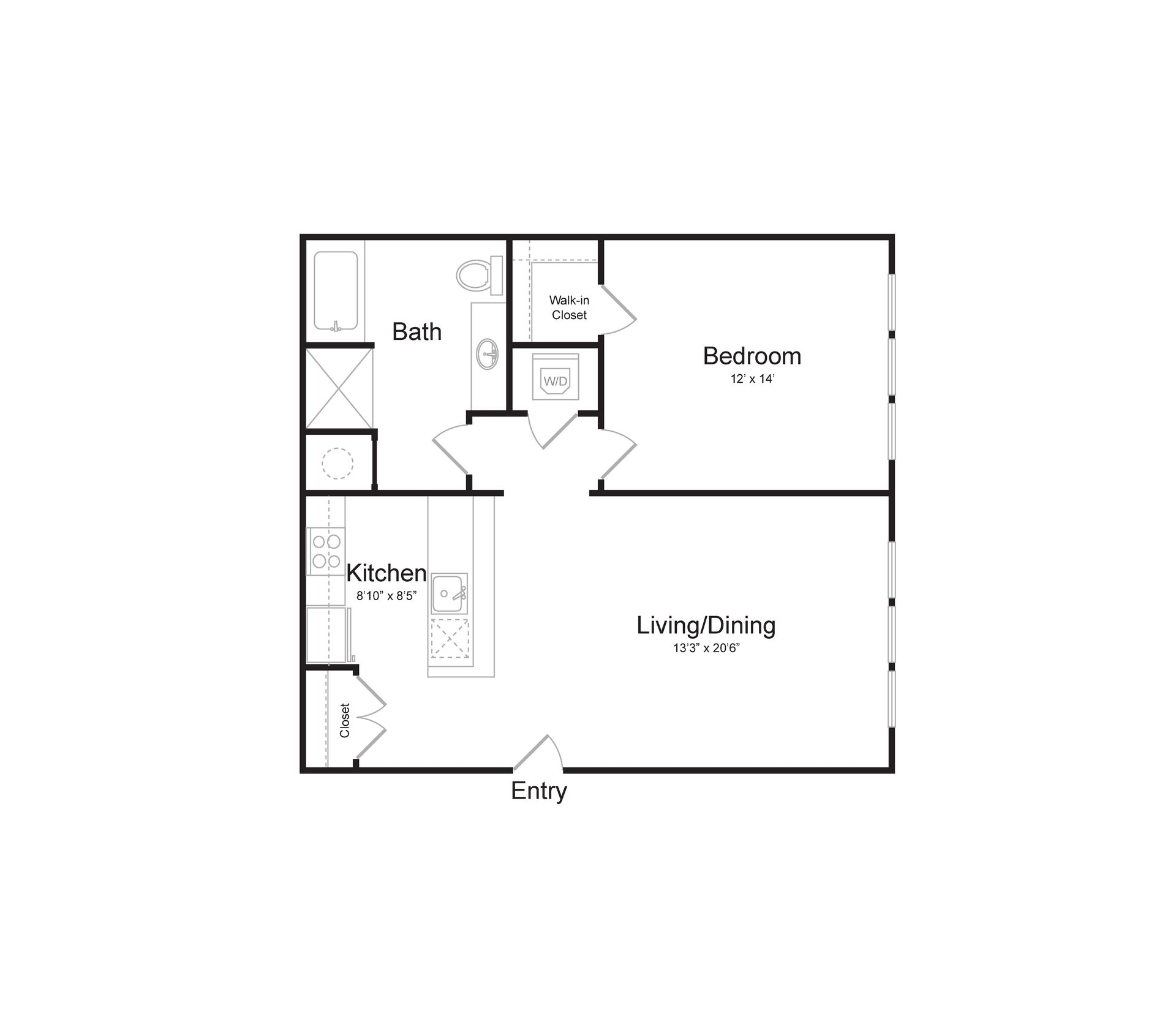 a black and white floor plan of a single bedroom apartment .