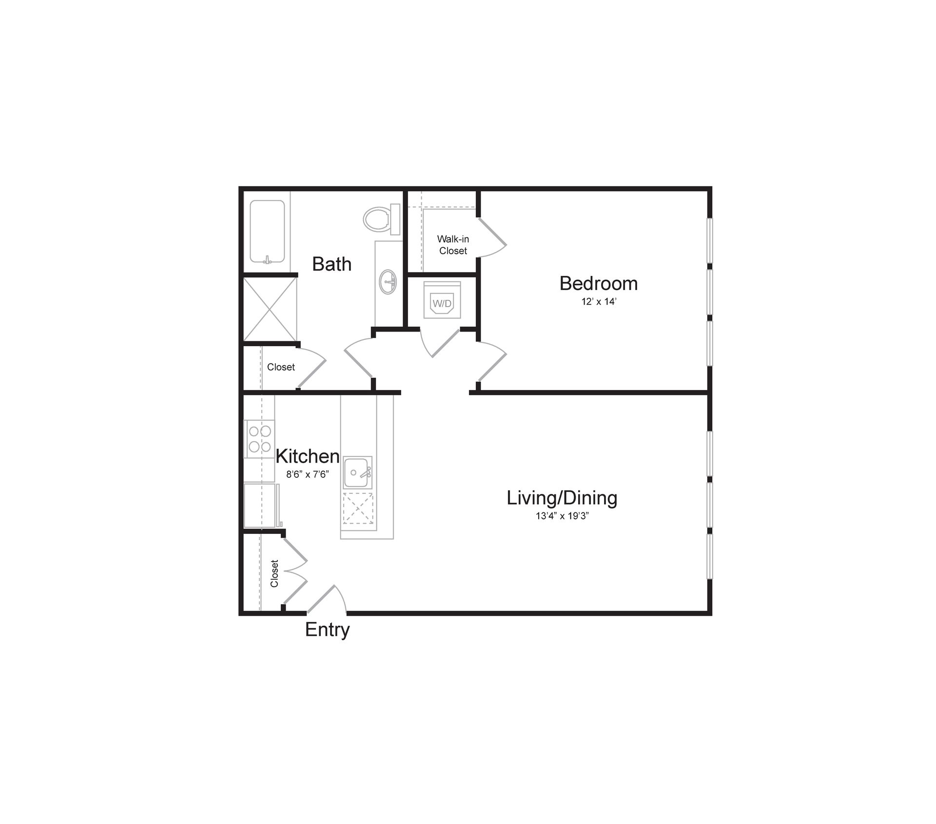 a black and white floor plan of a single bedroom apartment .