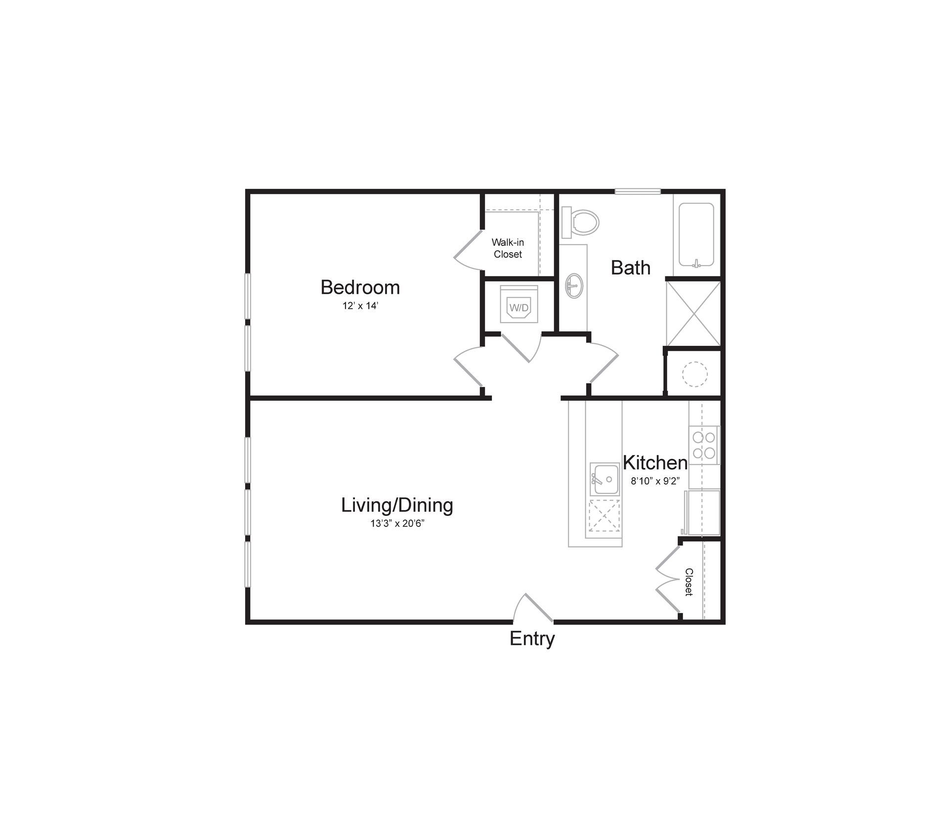 a black and white floor plan of a single bedroom apartment .