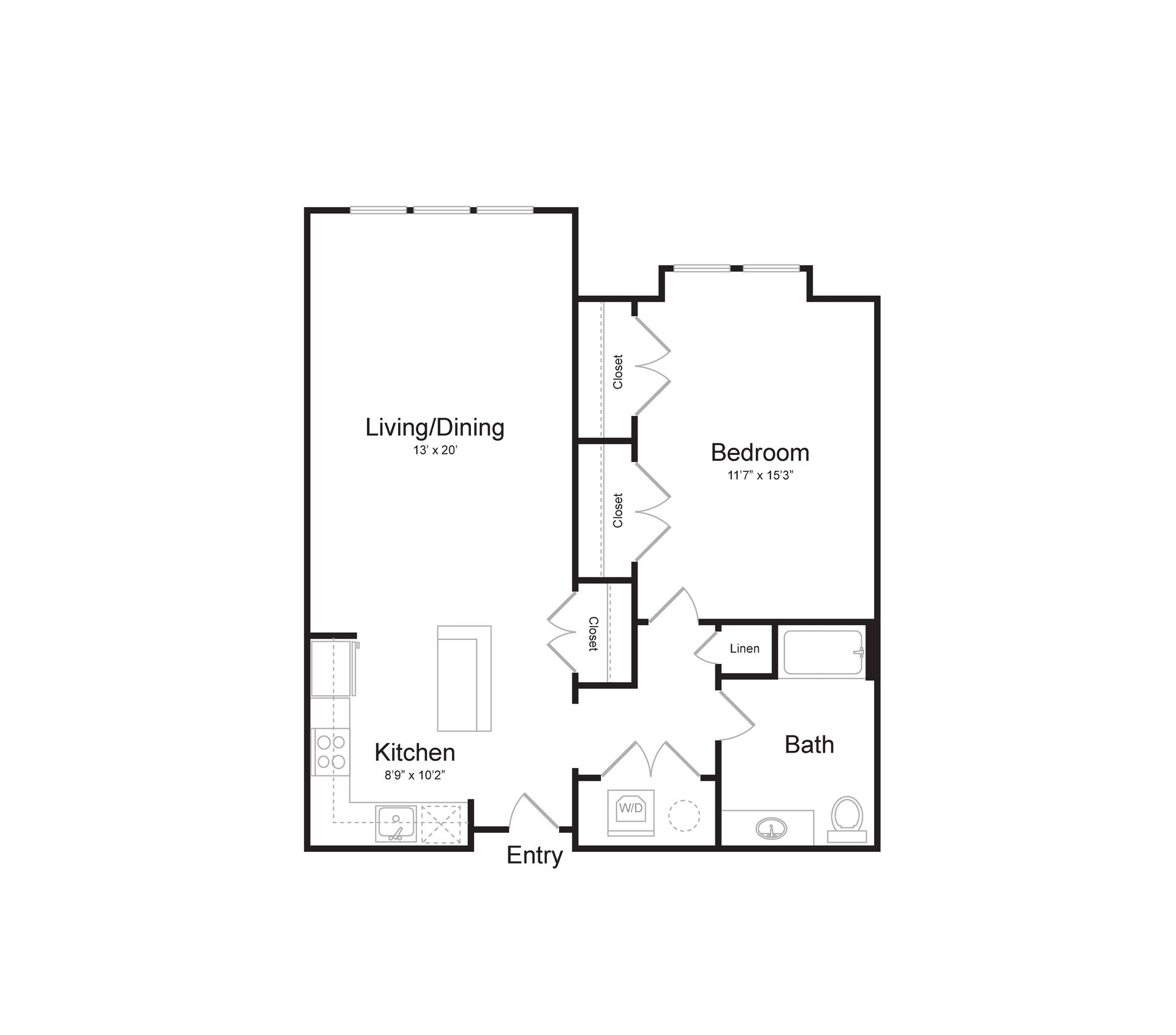a black and white floor plan of a single bedroom apartment .