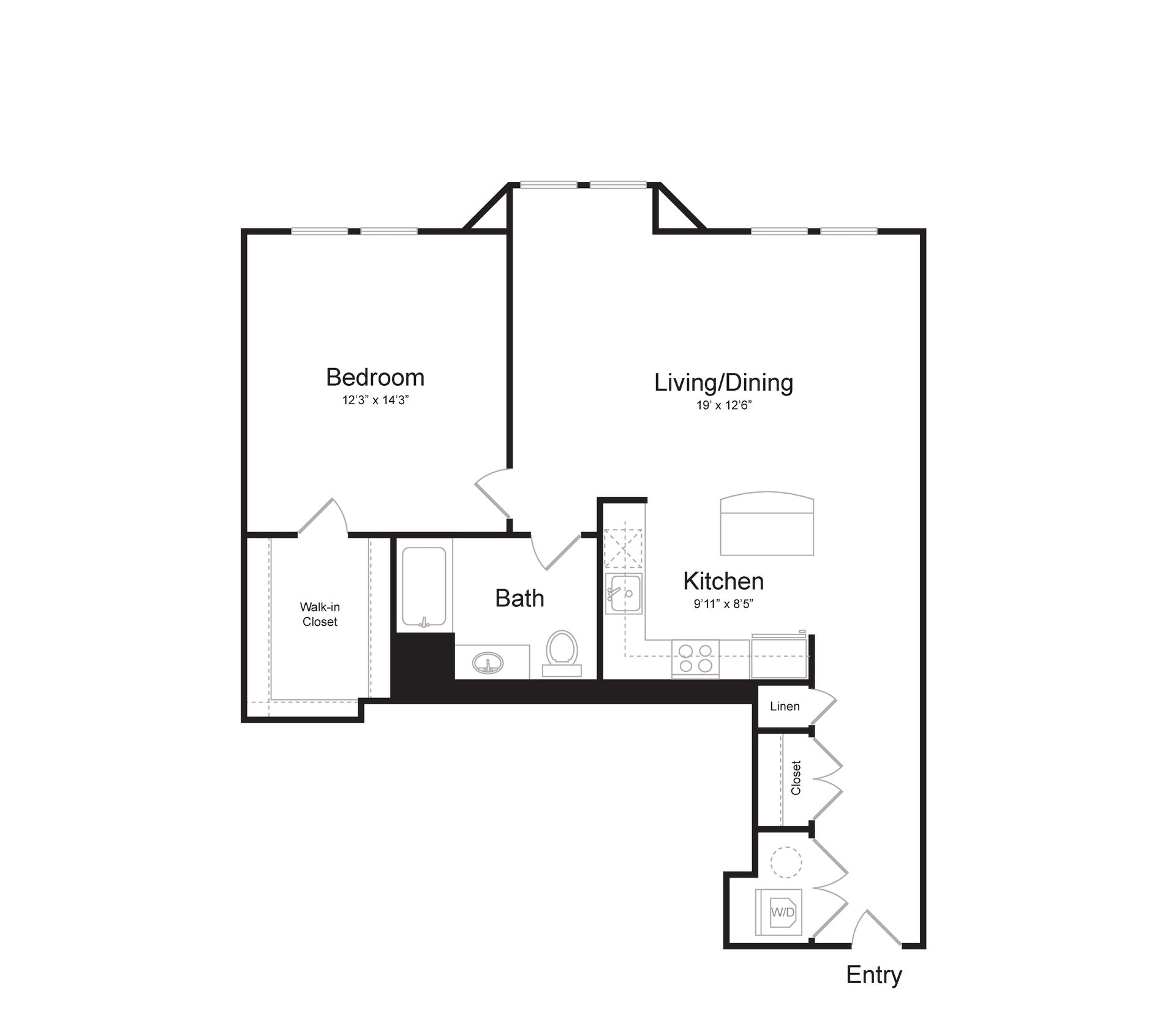 a black and white floor plan of a single bedroom apartment .
