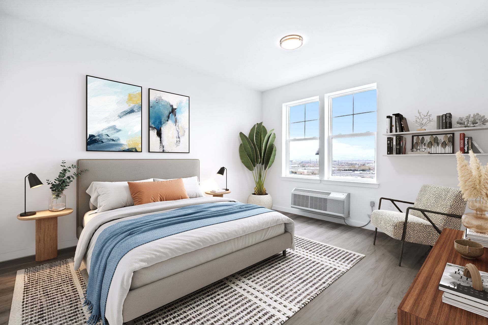 an artist 's impression of a bedroom with a large bed and two windows .