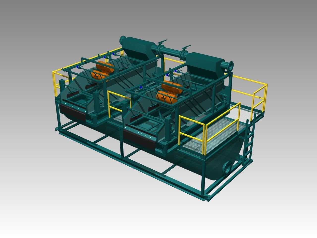 A 3d model of a machine with a yellow railing