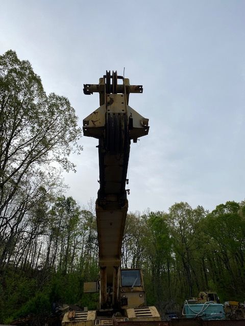 A large crane is sitting in the middle of a forest