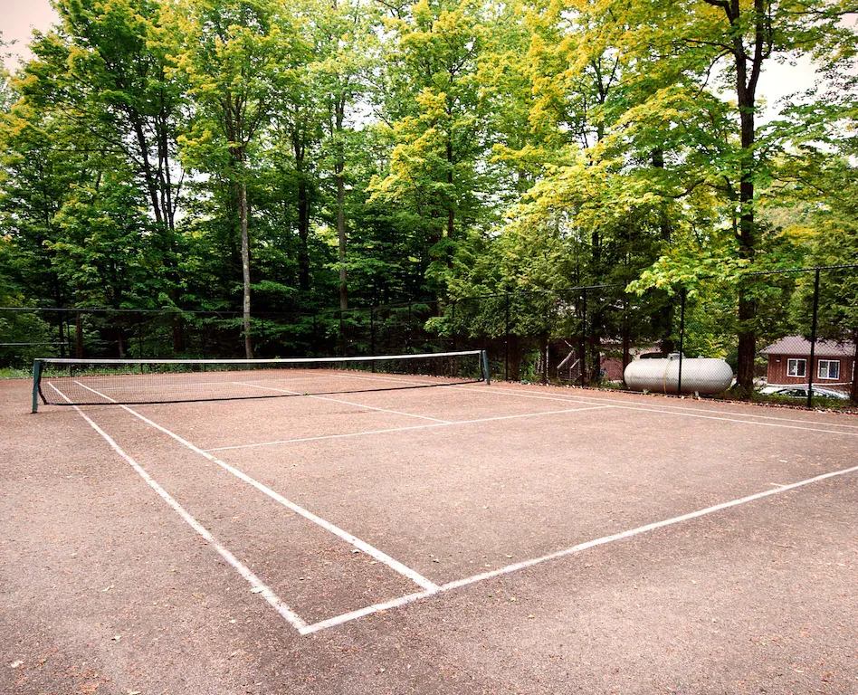 An empty tennis court with trees in the background