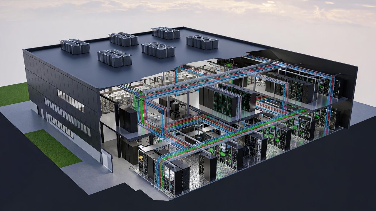 Cutaway view of a black data center building showing server racks and cooling pipes.