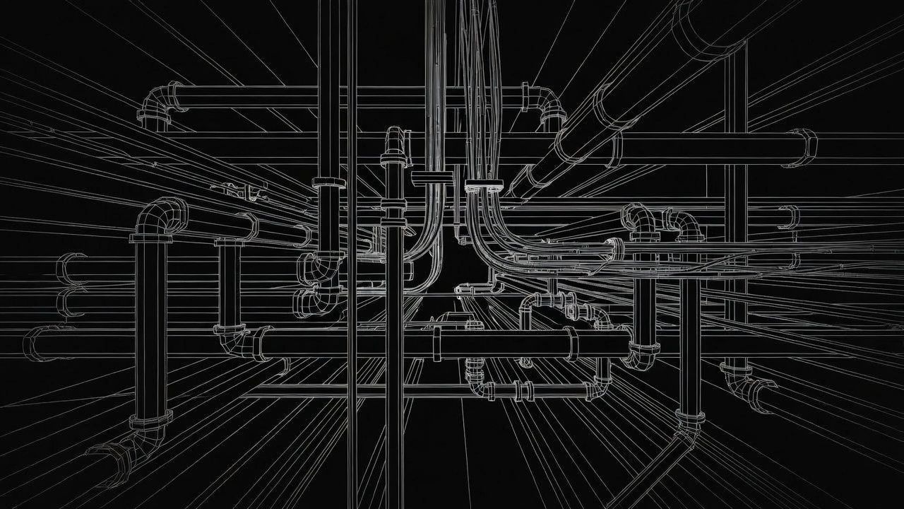 Complex network of pipes and lines in a dark space, depicted in a digital wireframe style.