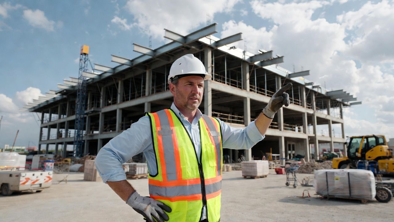 Construction worker pointing at a building frame, wearing safety gear, outdoors on a sunny day.