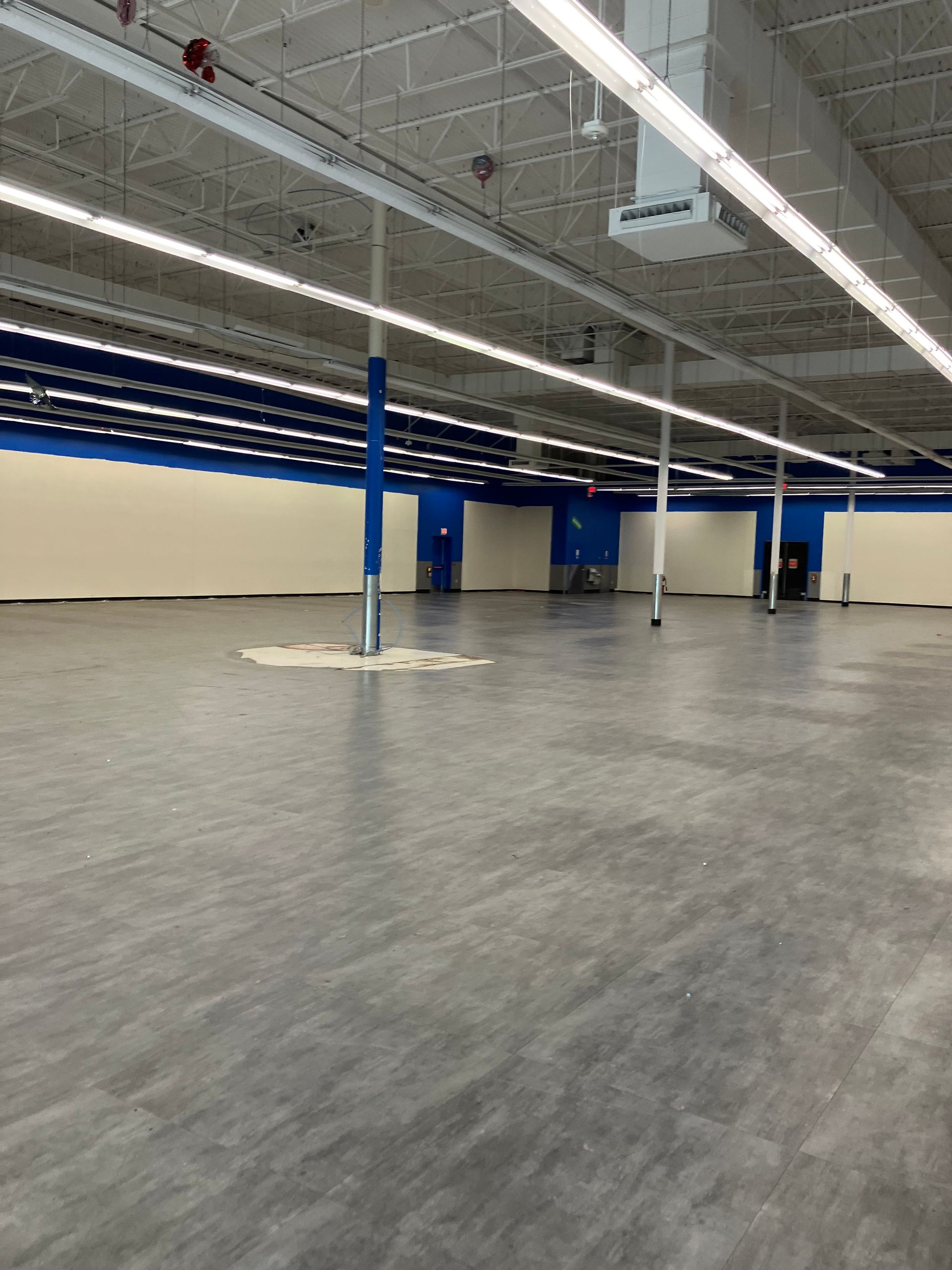 Empty retail space, gray floor, white walls, blue accents, overhead lighting.