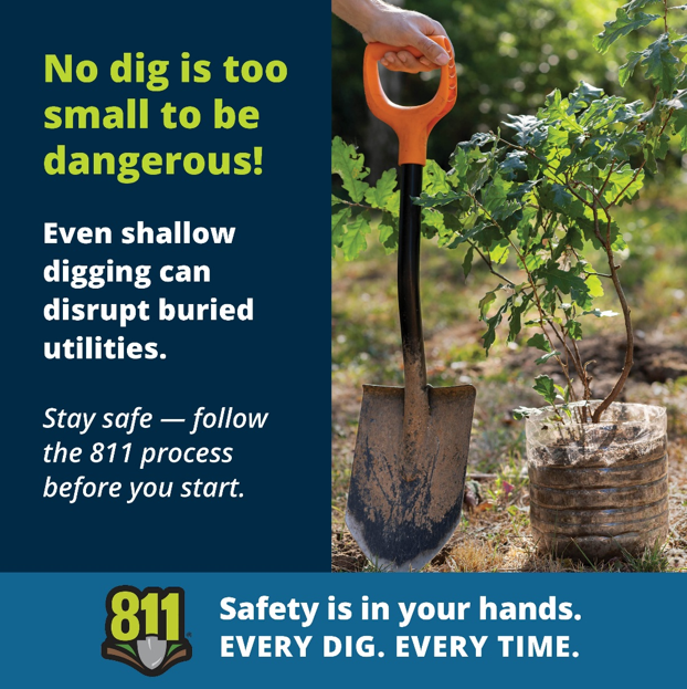 Person digging with shovel; text: