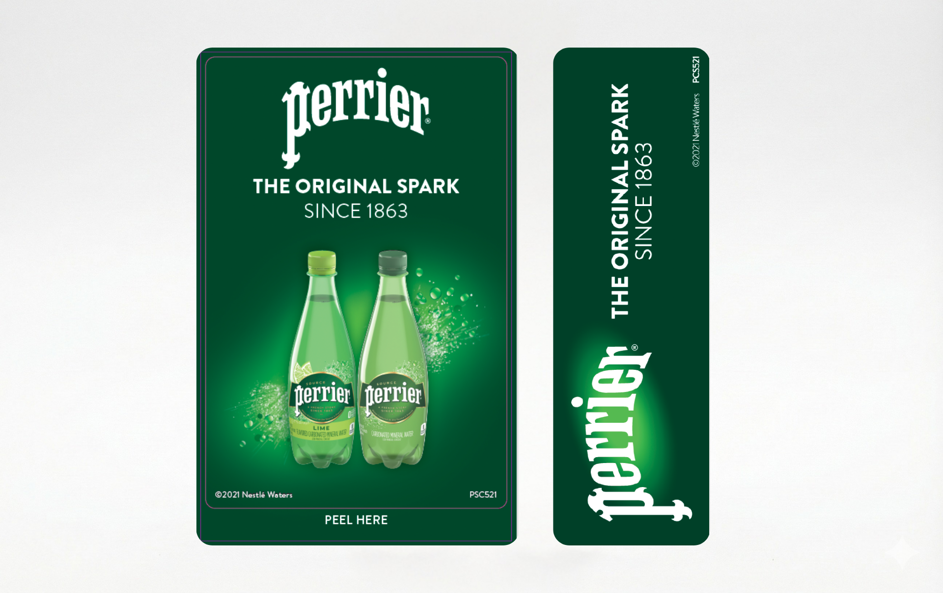 Two rectangular product labels for Perrier sparkling water in green, featuring the logo and 