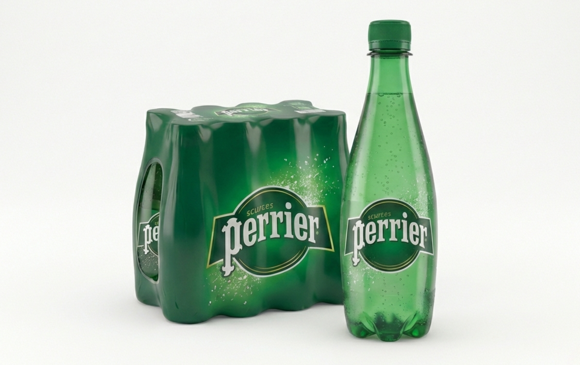 A green plastic bottle of Perrier sparkling water standing next to a matching six-pack against a white background.