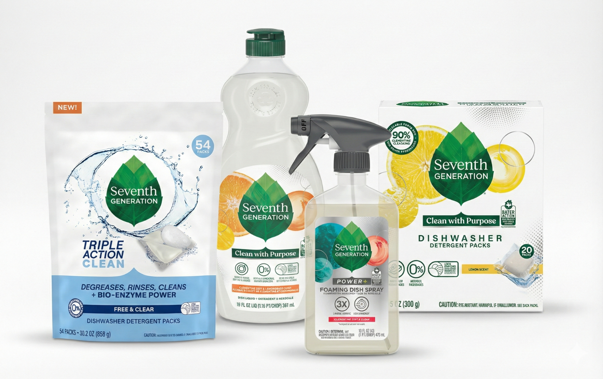 A group of four Seventh Generation cleaning products, including dish soap, spray cleaner, and detergent pods.