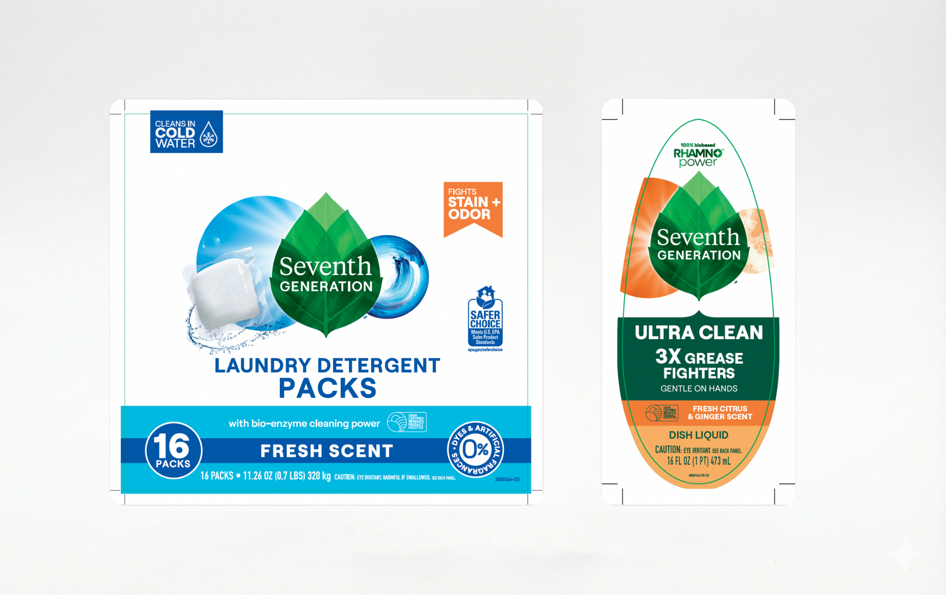 A Seventh Generation laundry detergent pack box and a single, smaller Ultra Clean detergent pack against a white background.