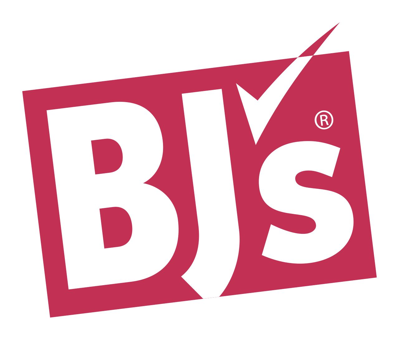 The white BJ's logo with a checkmark on a tilted, red rectangular background.