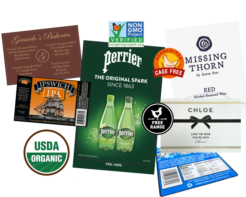 Assortment of product packaging and logos, including Perrier, USDA Organic, and Chloe.