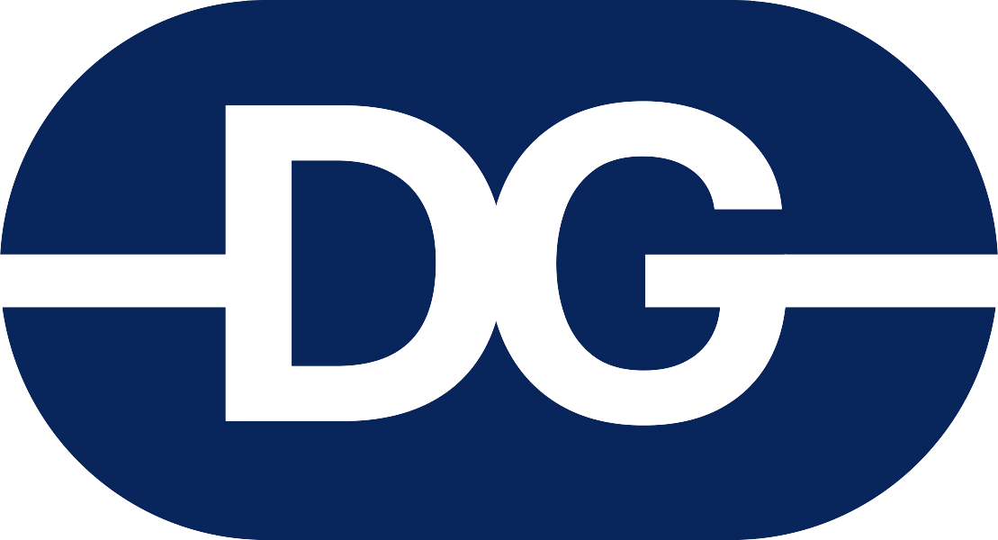 White “DG” letters on a dark blue oval logo with a horizontal white stripe through the center