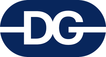 White &ldquo;DG&rdquo; letters on a dark blue oval logo with a horizontal white stripe through the center