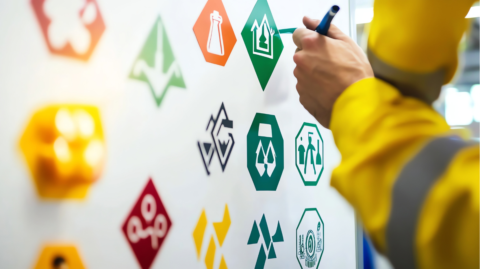 Person in yellow writing on a white board with colorful safety symbols.