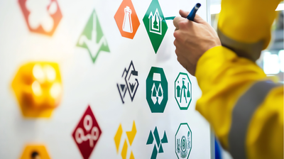 Person in a yellow suit writing on a wall of colorful sustainability icons