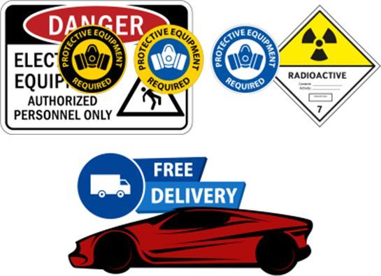 Various safety signs including a radioactive warning, 
