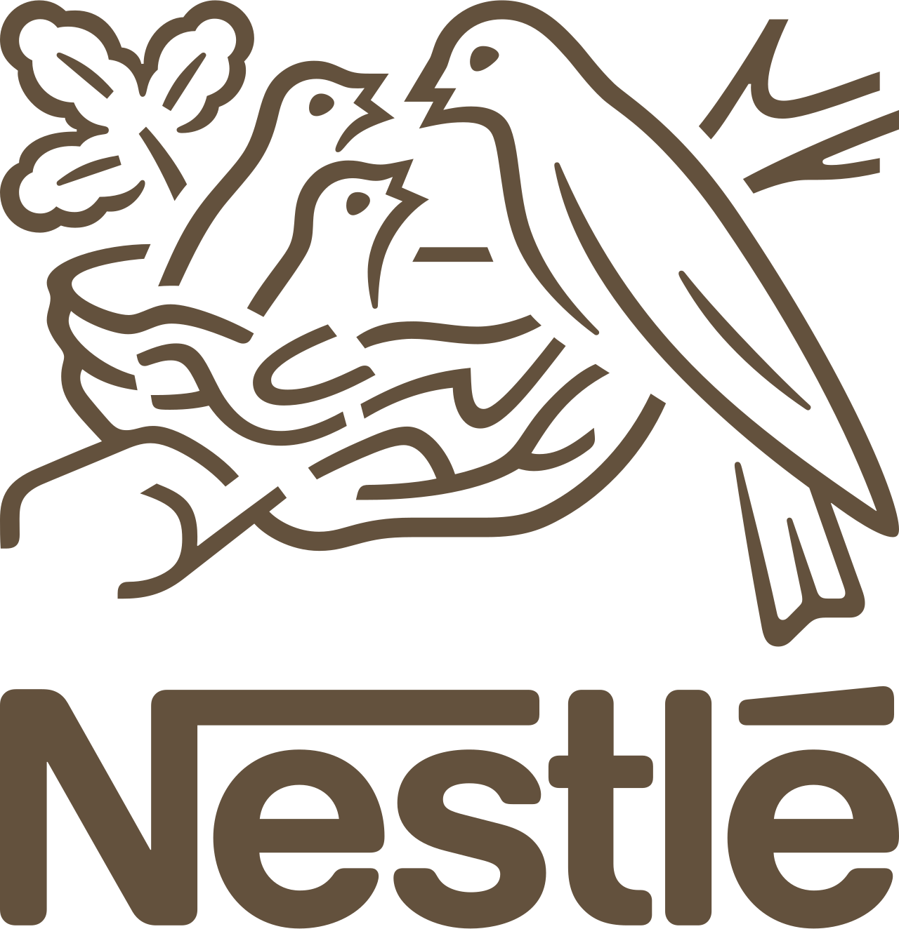 The Nestlé logo, featuring a brown line-art illustration of a bird feeding two chicks in a nest, above the company name.