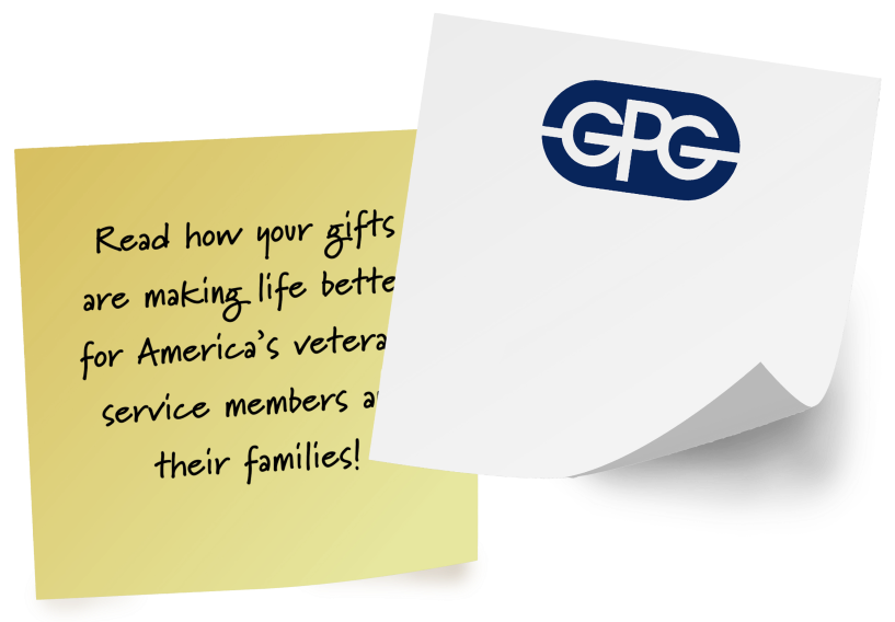 Yellow sticky note with text about gifts helping veterans. White note has a GPG logo.