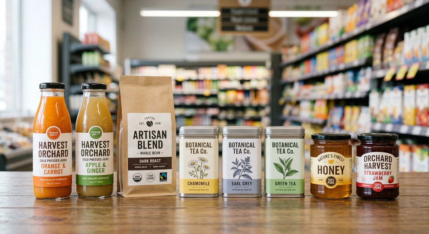 A row of various artisan food products, including bottled juices, a coffee bag, tea tins, honey, and jam, on a store counter.