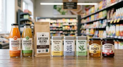 Assorted bottled teas and honey on a grocery store shelf, with blurred aisles behind.