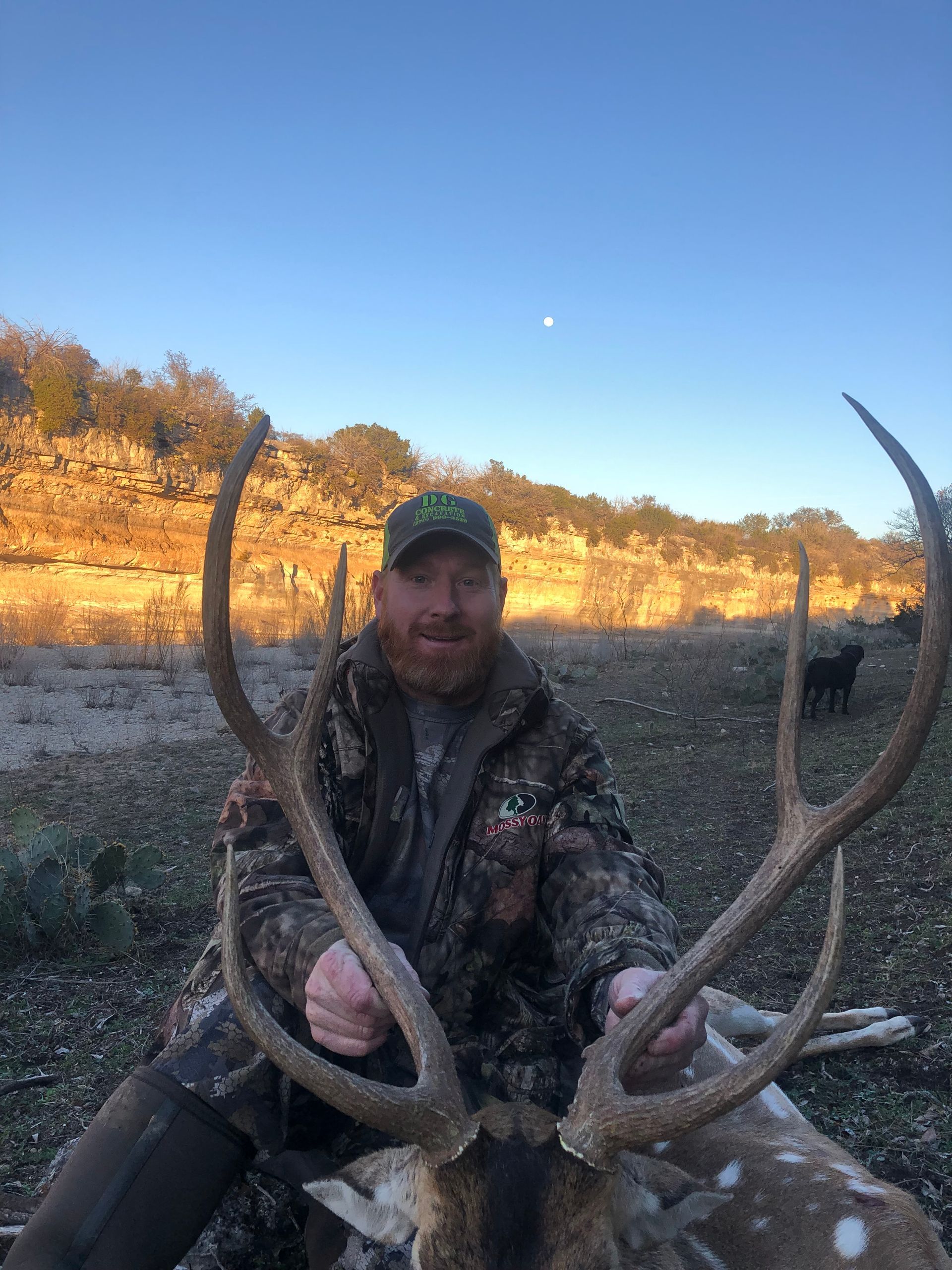 Man in camo holds deer antlers, smiling. Outdoor setting, blue sky.