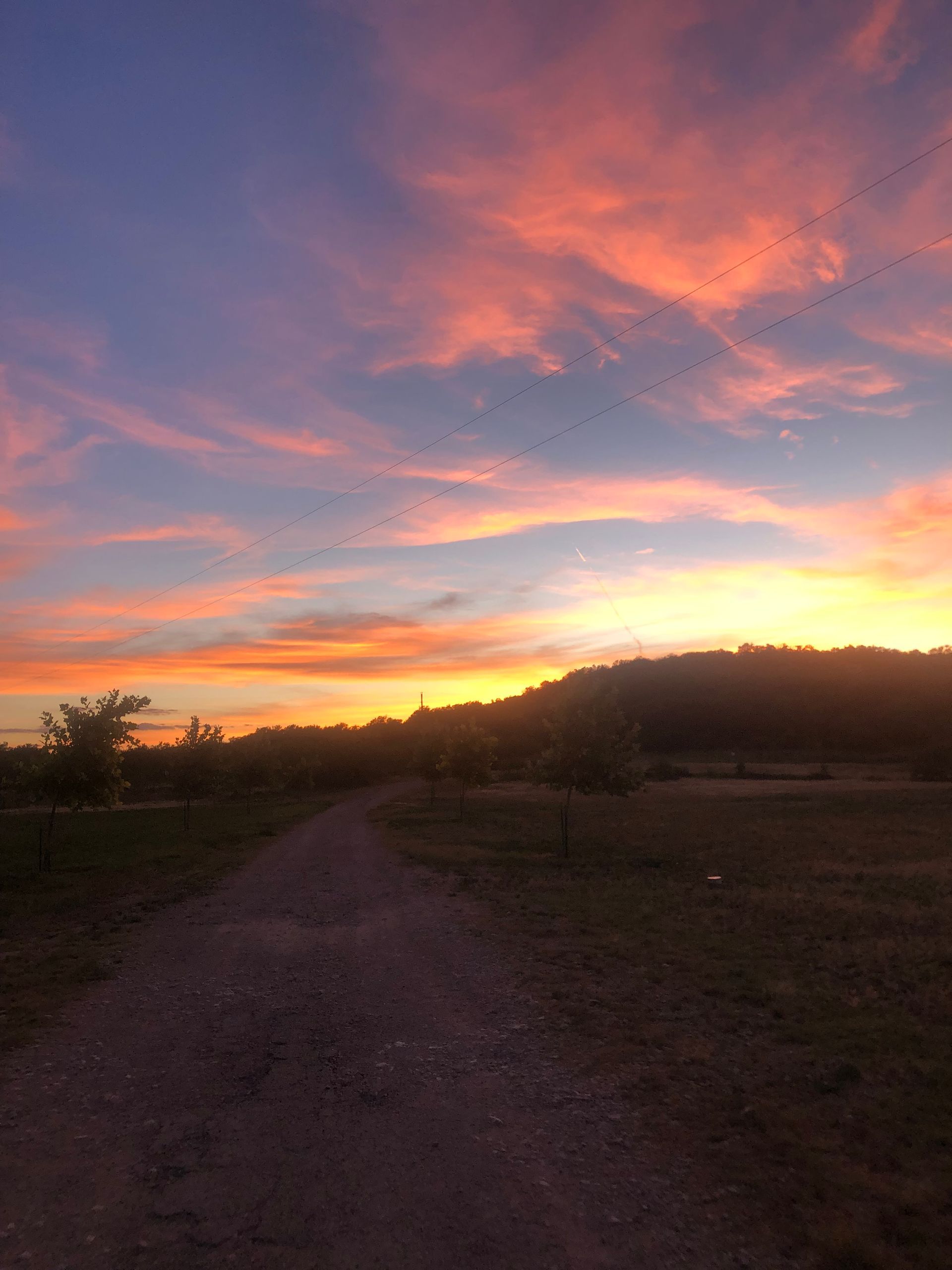 Sunset over a path, with vibrant orange and pink clouds.