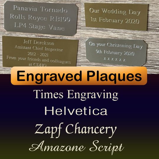Engraved Plaques, Engraved Plates, Self Adhesive Poloised Aluminium, with Scalloped or Square Corners, Gold or Silver in Various Sizes