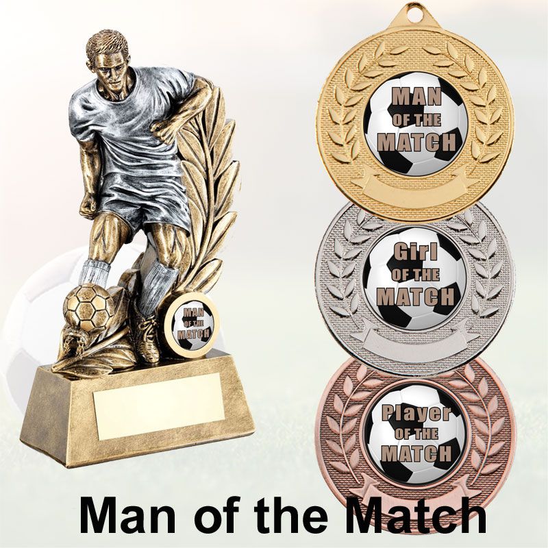 Man of the Match Trophies also Girl of the Match & Player of the Match, Man of the Match Medals with various coloured ribbons