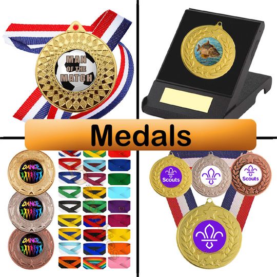 Medals for all Sports, Pastimes & Occasions, Medals in Boxes or with a selection of coloured ribbonsFootball, Golf with Free Engraving , Fishing Medals, Shooting,  Petanque