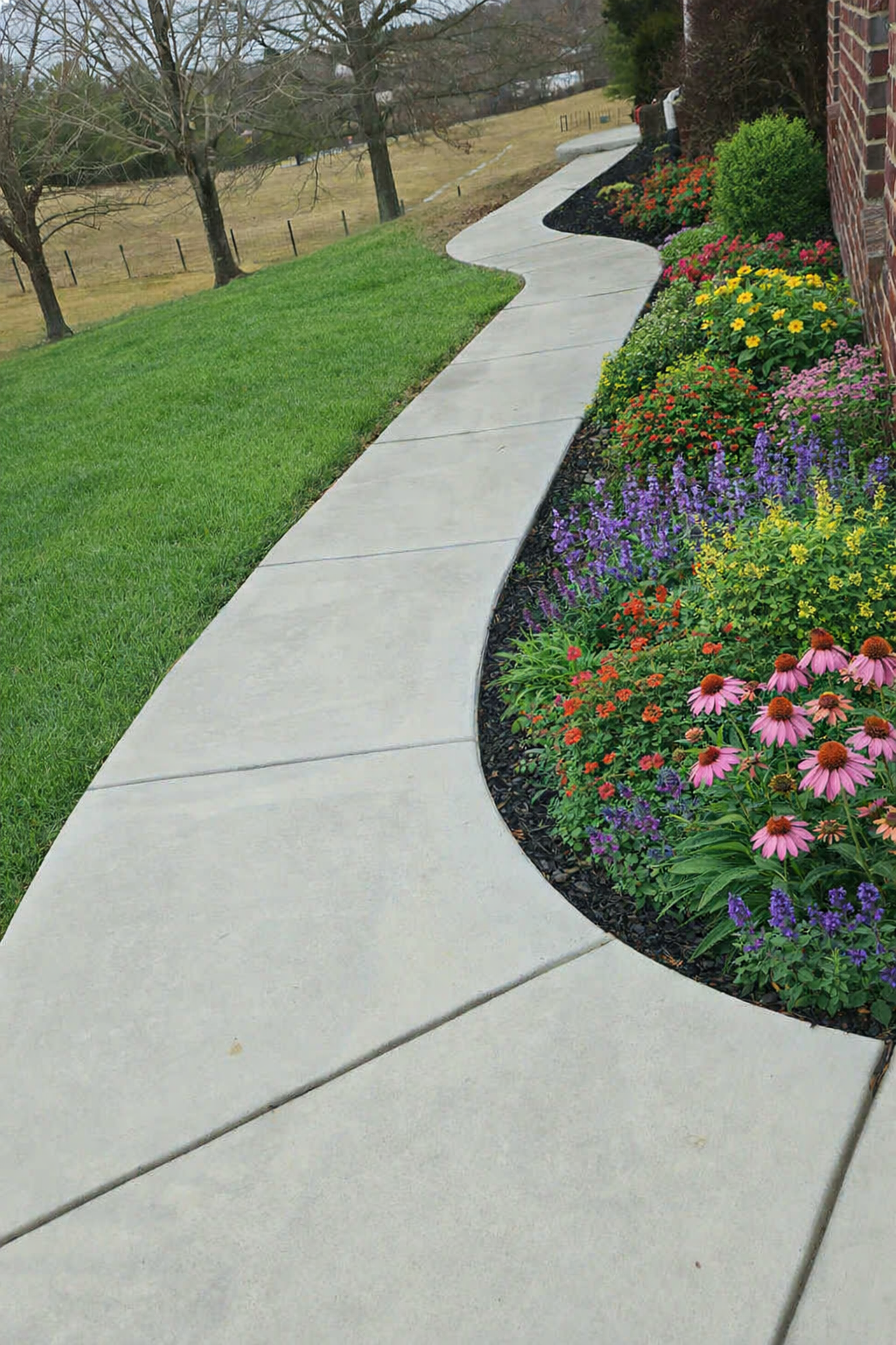 A long, paved walkway sheltered by a flat roof supported by two parallel rows of brown columns, leading to a garden.