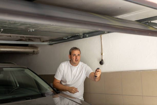 A man is standing next to a car in a garage holding a remote control.