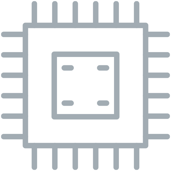 A gray icon of a cpu on a white background.