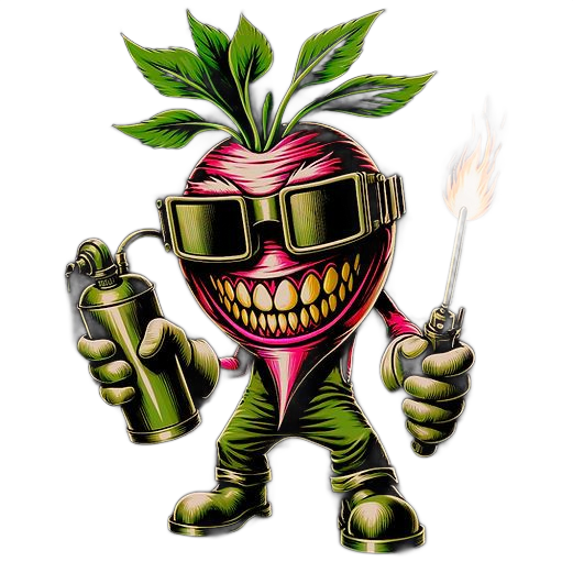 Cartoon radish with sunglasses, grinning teeth, holding a spray can and smoking lighter