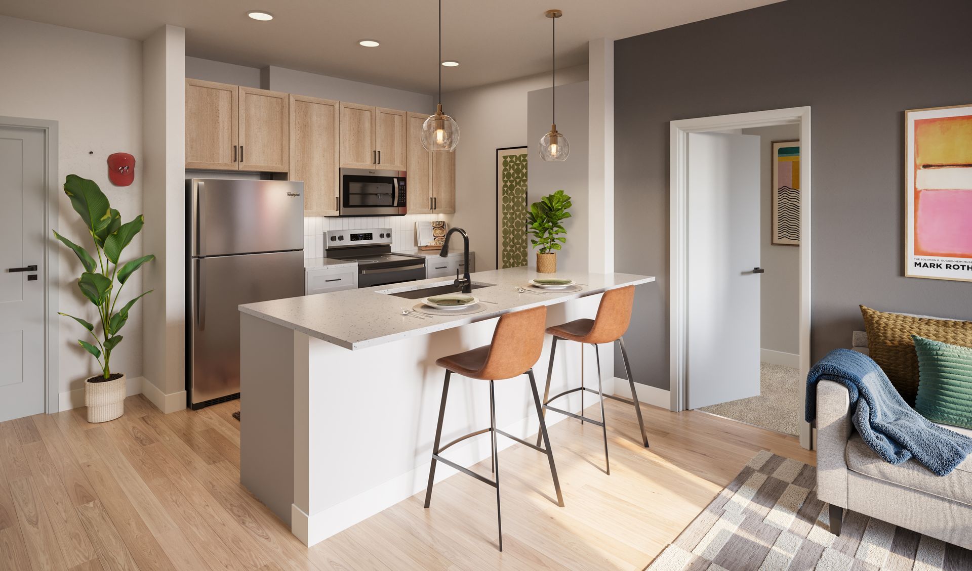 Modern multi-story apartment building with retail on the ground floor; cars drive on street in front.