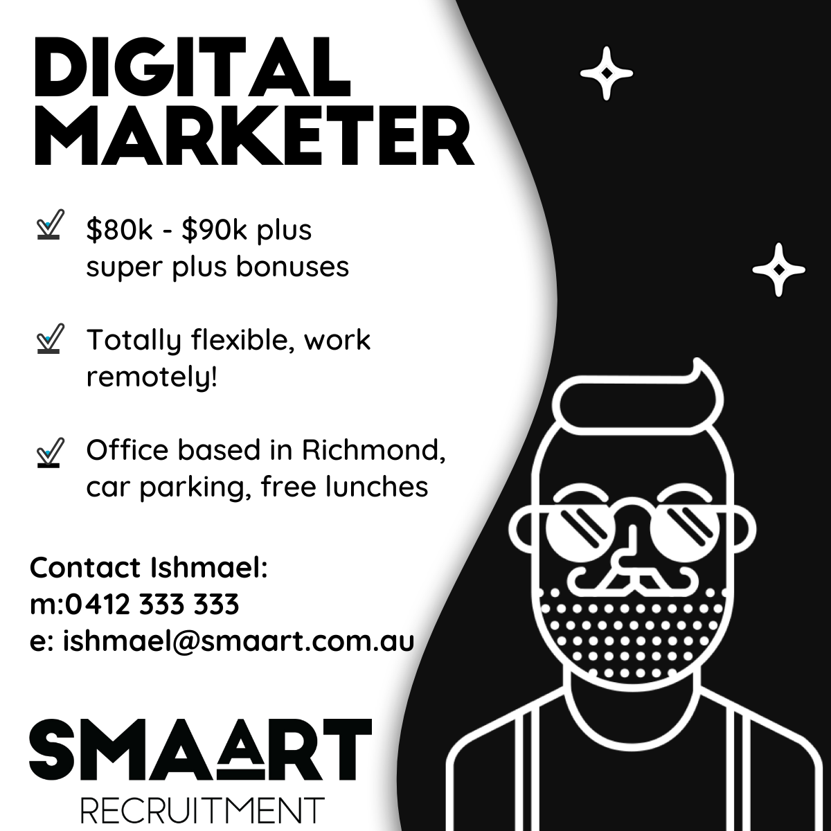 A black and white advertisement for a digital marketer.