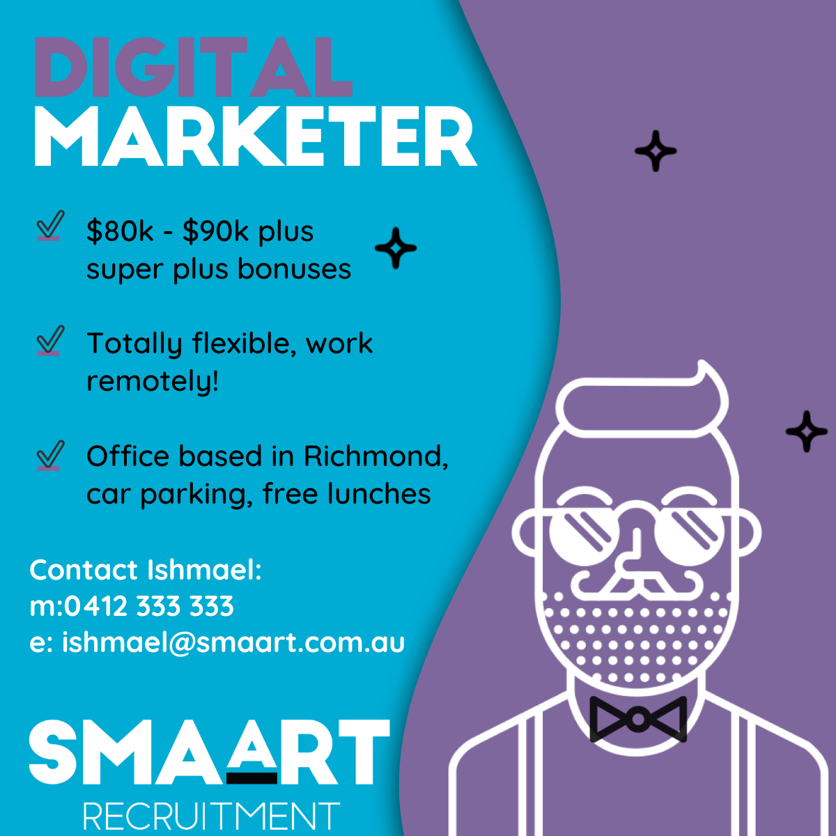 A blue and purple advertisement for a digital marketer