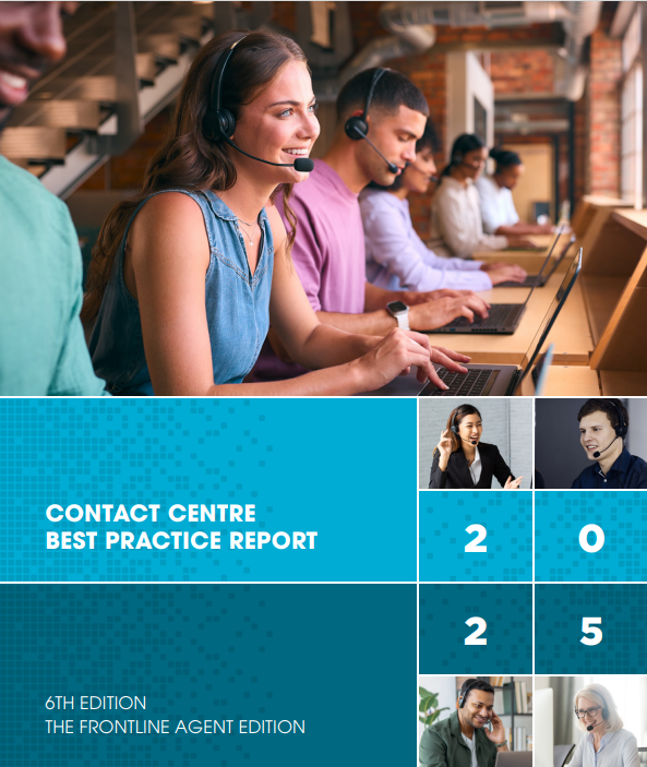Contact center report cover. People with headsets at computers, turquoise background,