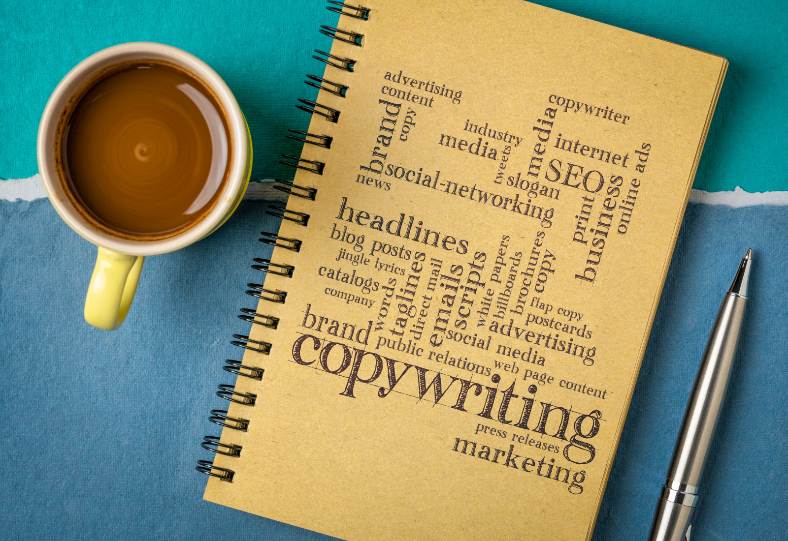 Copywriting word cloud in a notebook with a cup of coffee on the side