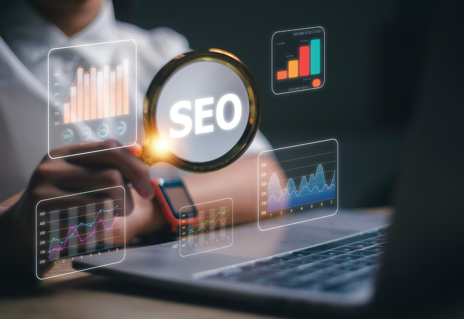 Woman uses a magnifying glass and a computer for SEO analysis