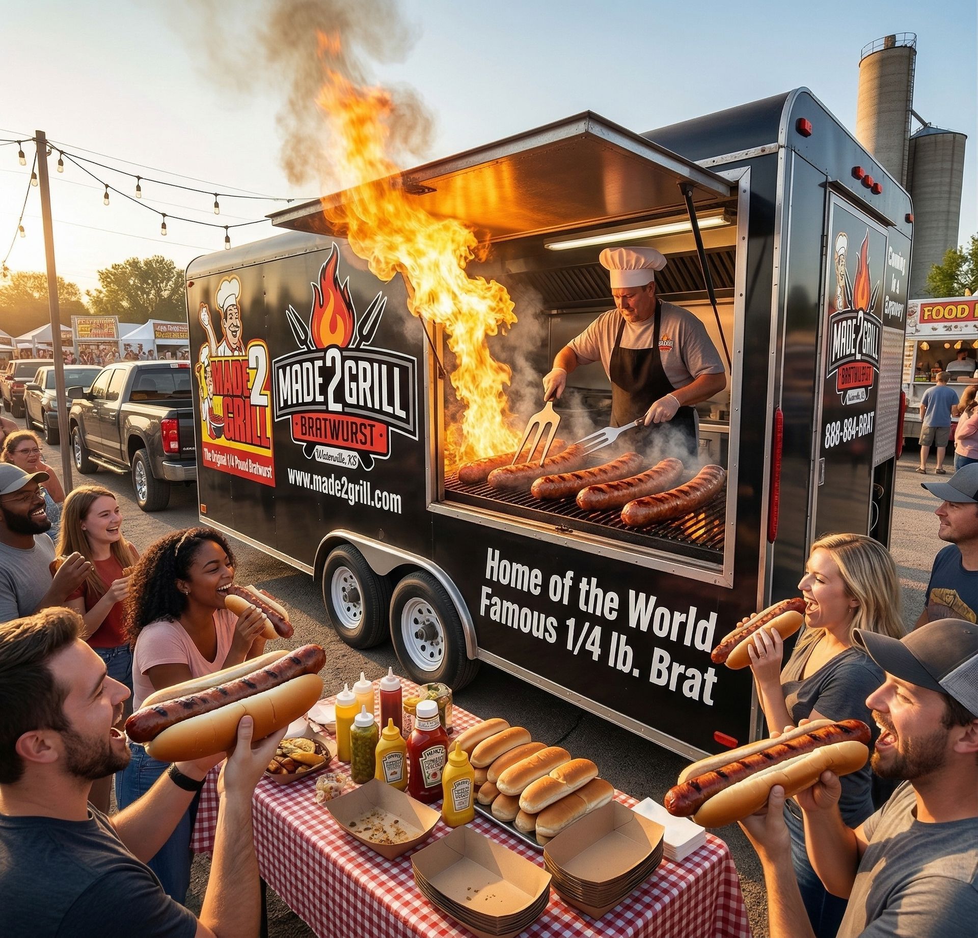 A food truck trailer grills sausages over an open flame, surrounded by people holding hot dogs at a festival.