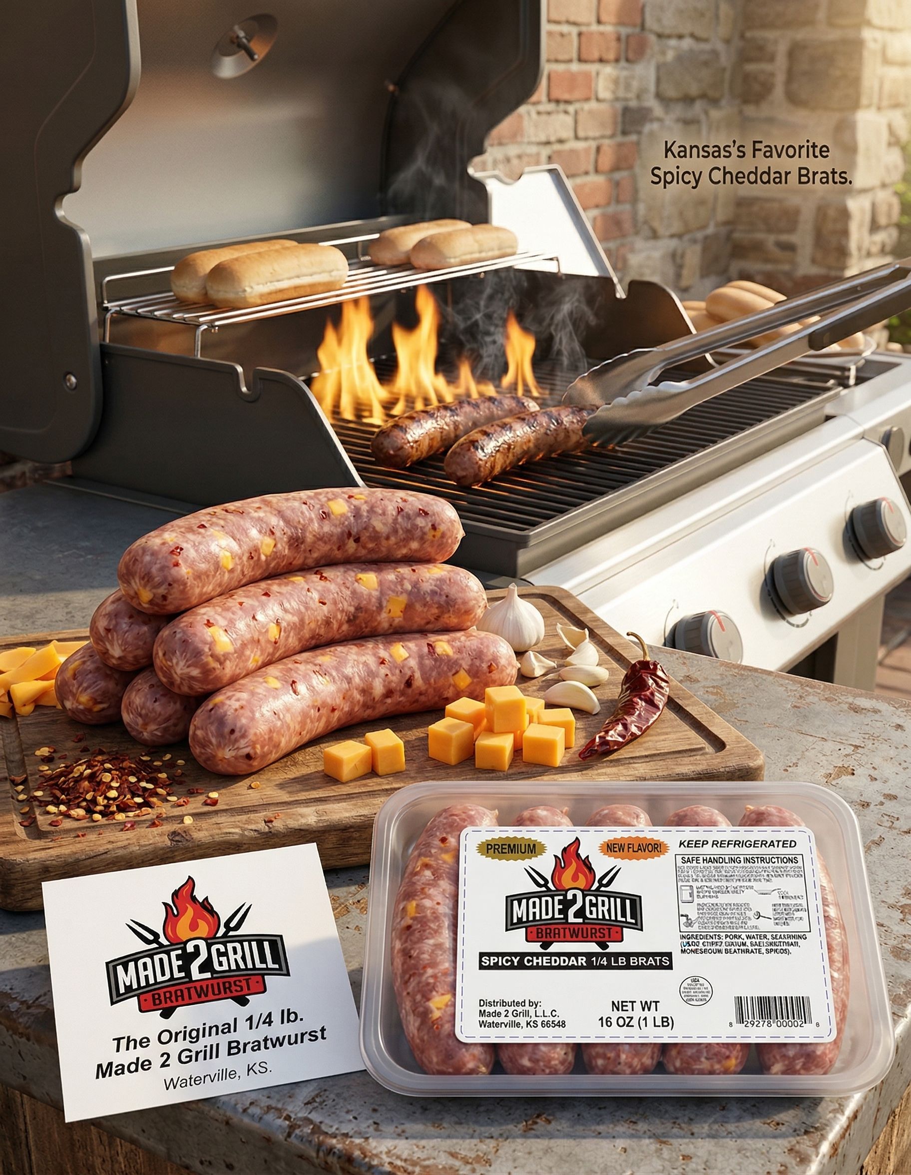 Raw and grilled spicy cheddar sausages on a wooden board and barbecue grill with product packaging in the foreground.