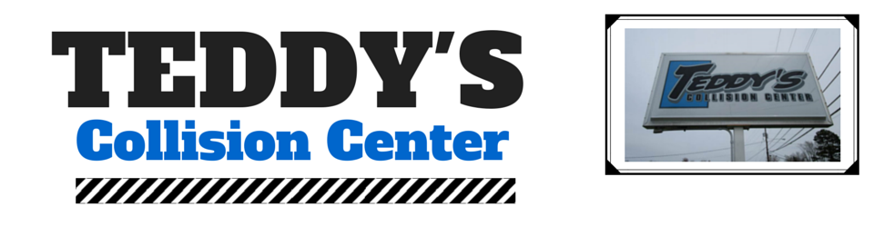 Teddy's Collision Center logo and a billboard photo of the logo.