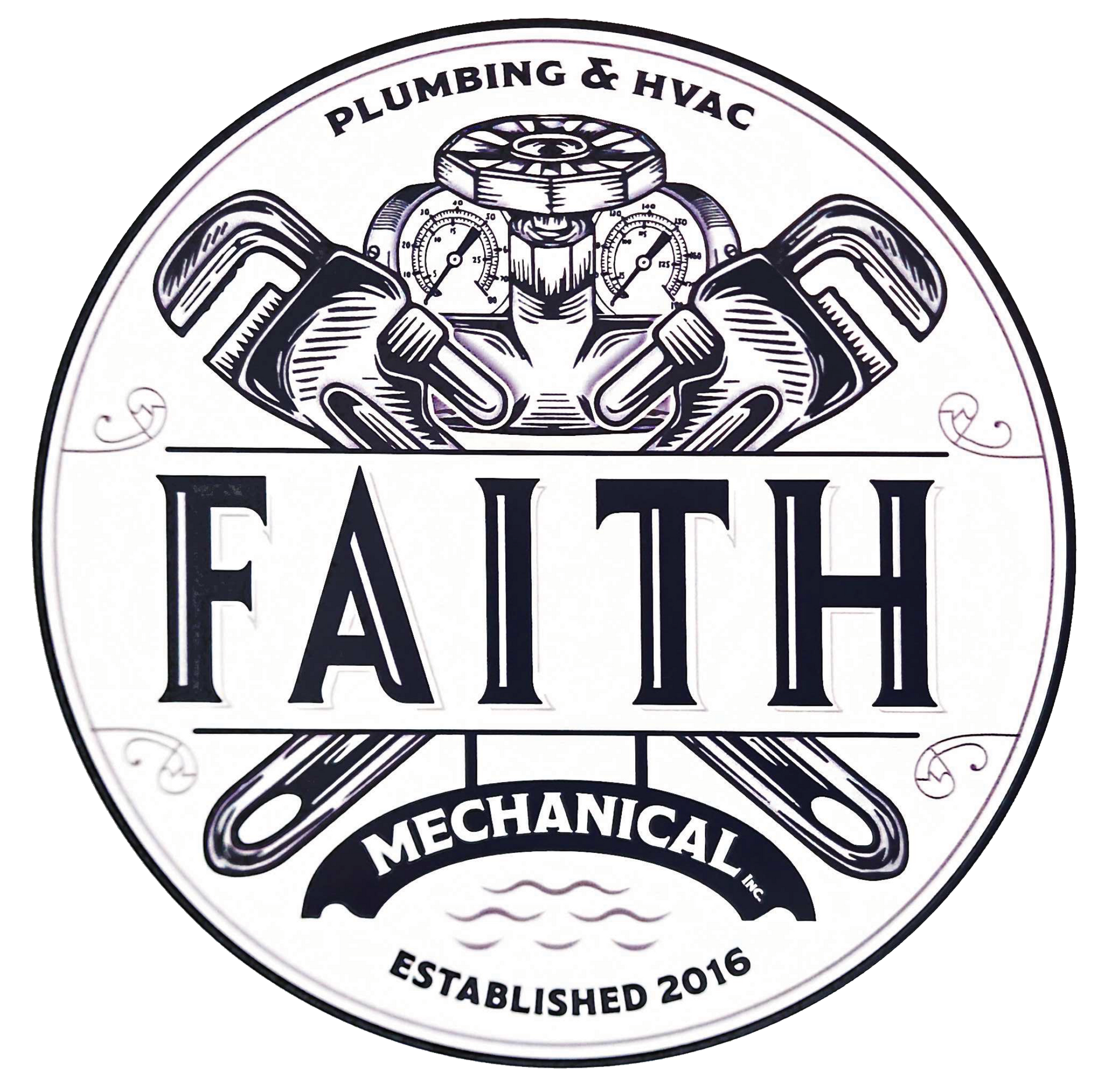 Logo for Faith Mechanical: plumbing and HVAC services. Includes wrenches, valves, and the company name.