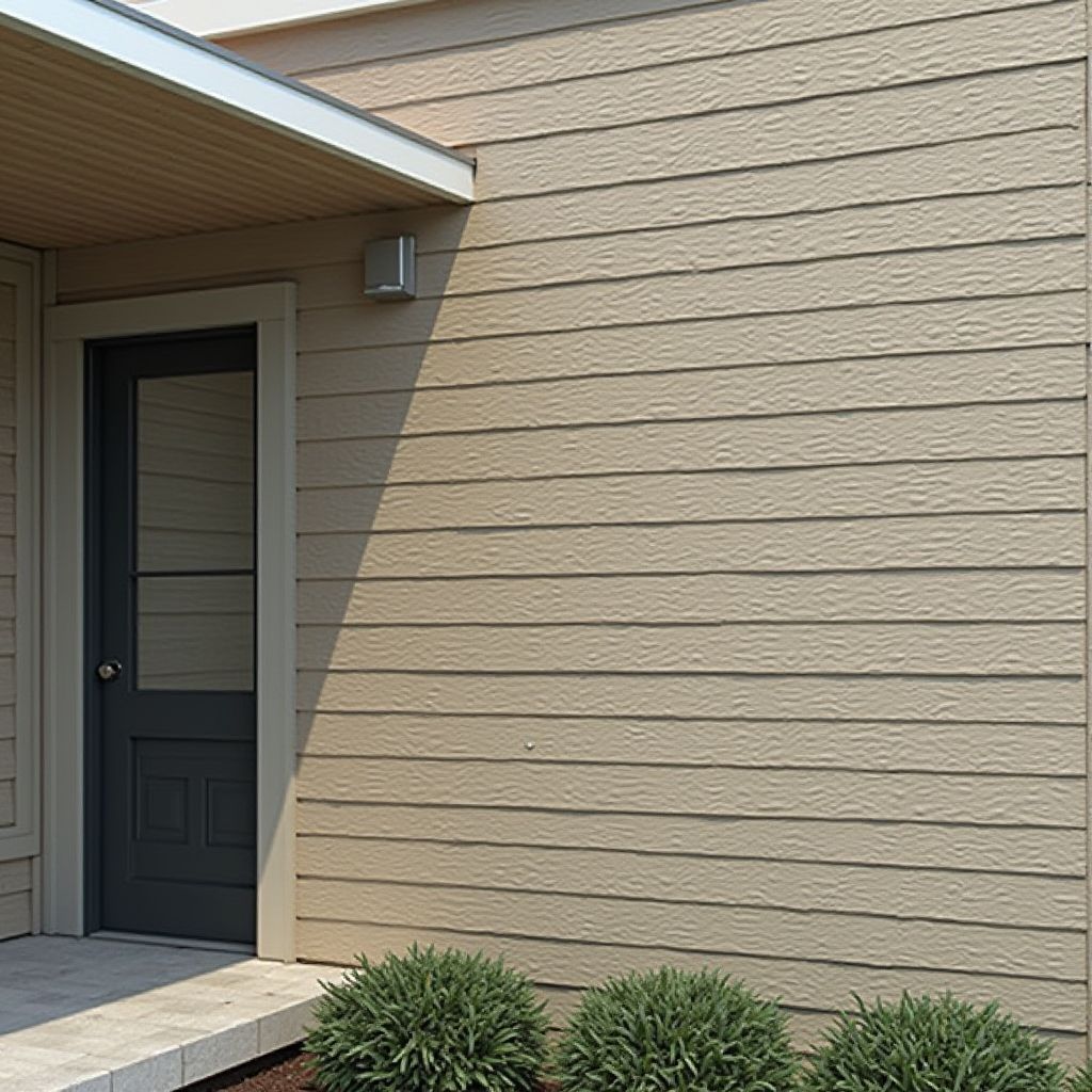 Beige siding on a building with a dark door and small bushes below.